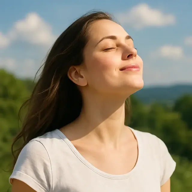 A woman breathing deeply outdoors